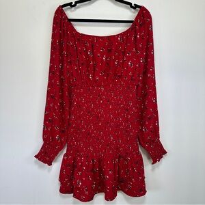 Guess Red Floral Off Shoulder Smocked Mini Dress Long Sleeve M